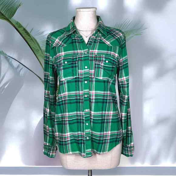 HOLLISTER Western Style Button Up Shirt Pearl Snap Flannel Green Pink Large - Picture 1 of 9